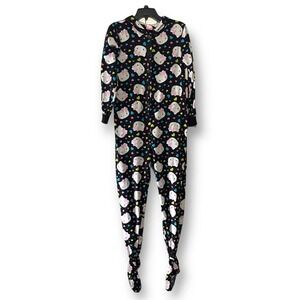 Hello Kitty Fleece Footed Pajamas Sleepwear Black Pink Hearts‎ Womens Medium 7/9